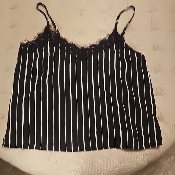 Black and White Striped Lace Trim Cami Top - Picture 1 of 4